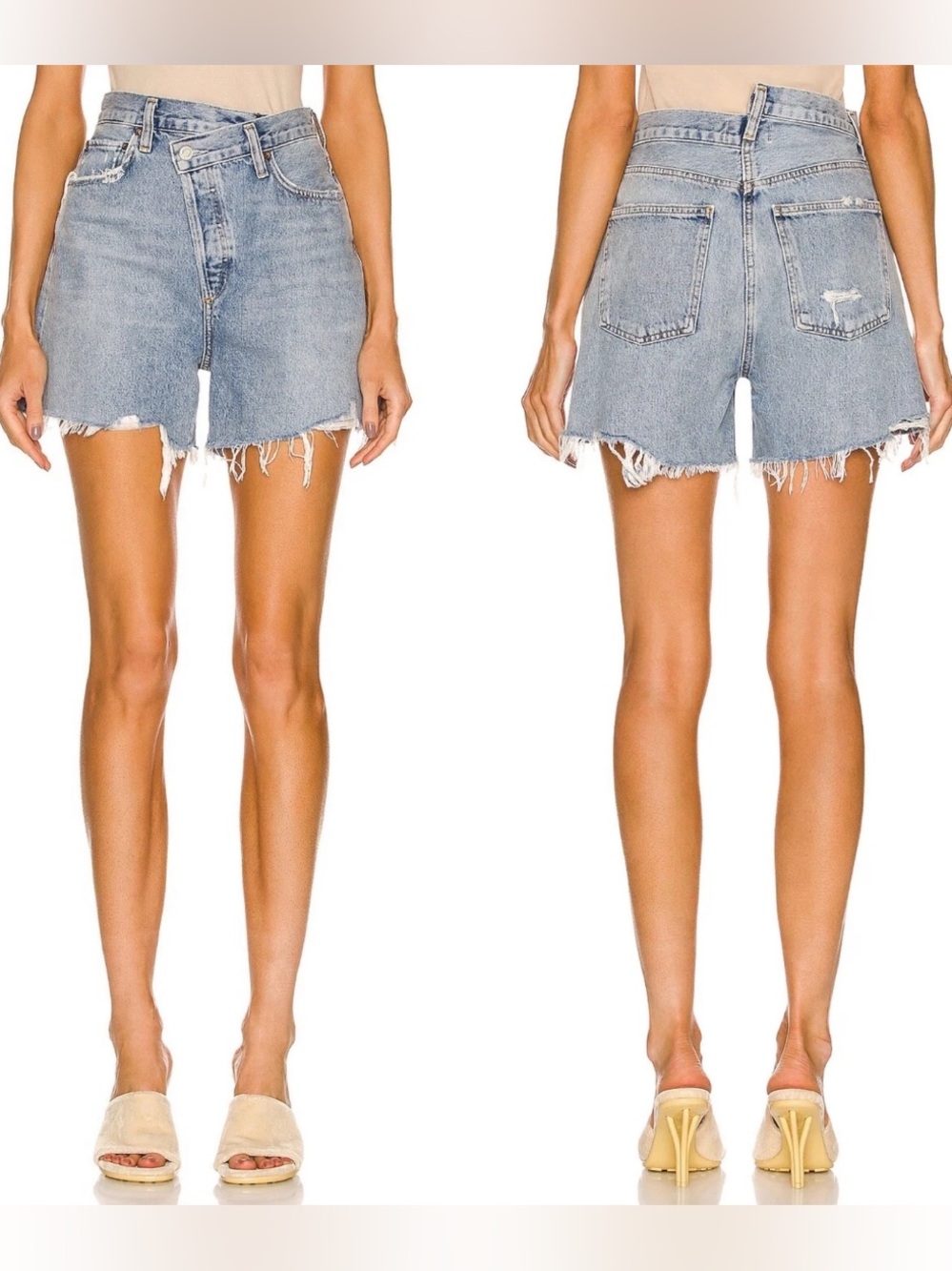 AGOLDE Women’s Criss Cross High Rise Denim Shorts Symbol Light Blue Fray Size 29